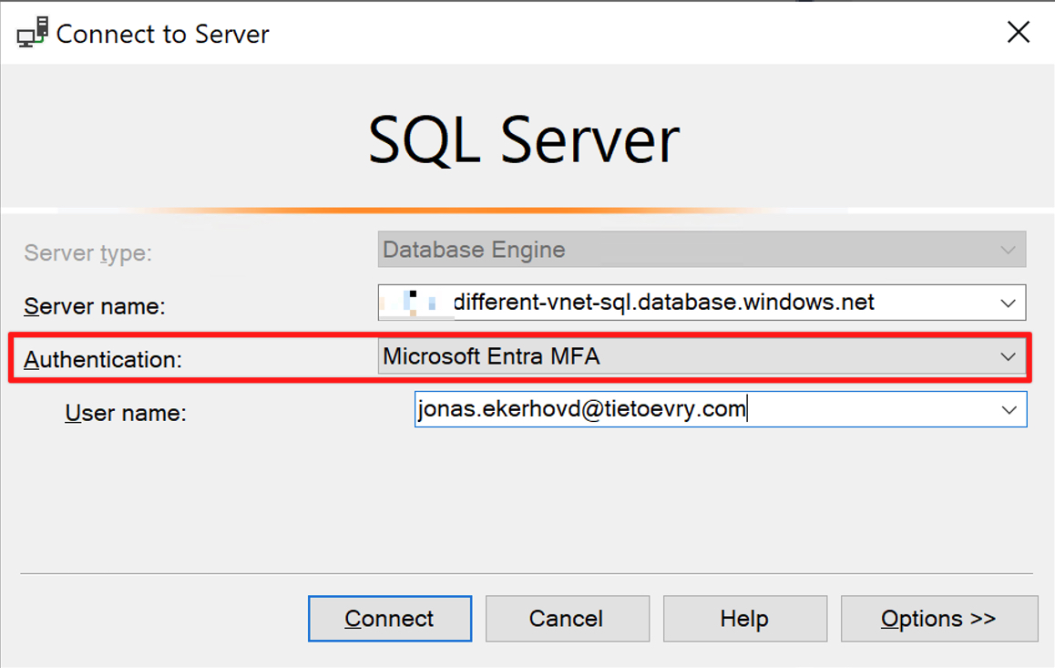 SSMS Connect to server using Entra MFA