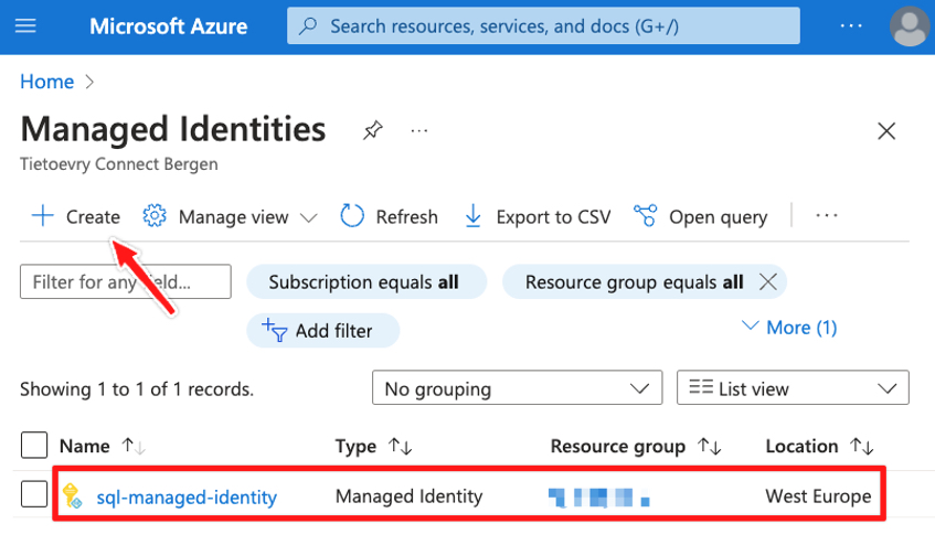 Creating the Managed Identity in Azure Portal